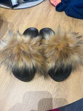 Women's Faux Fur Slide Sandals with Textured Black Footbed